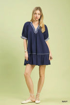 Umgee French Terry Mini Dress with Ruffled Striped Trim