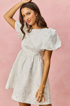 SO ME Floral Jacquard Bubble Shorts Sleeves Mini Dress