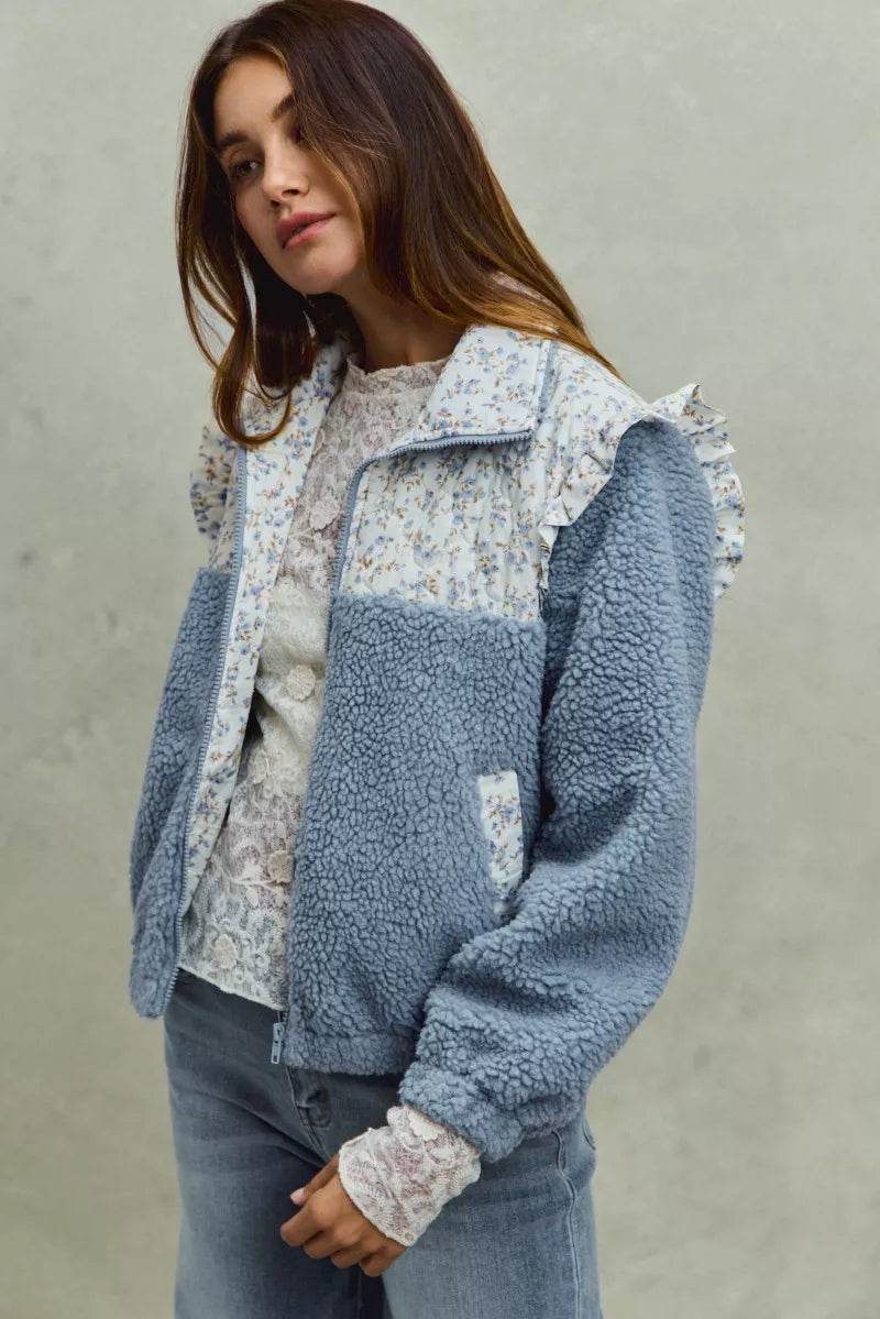 SO ME Faux Fur Sherpa Pull Jacket with Floral Contrast