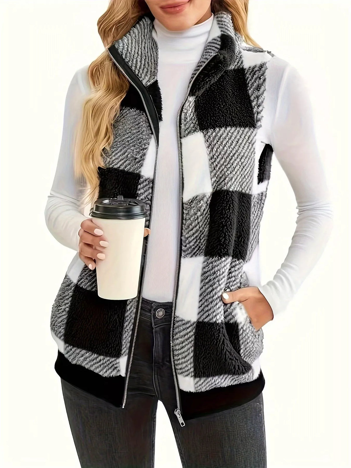 Plus Size Cozy Plaid Fleece Vest Coat