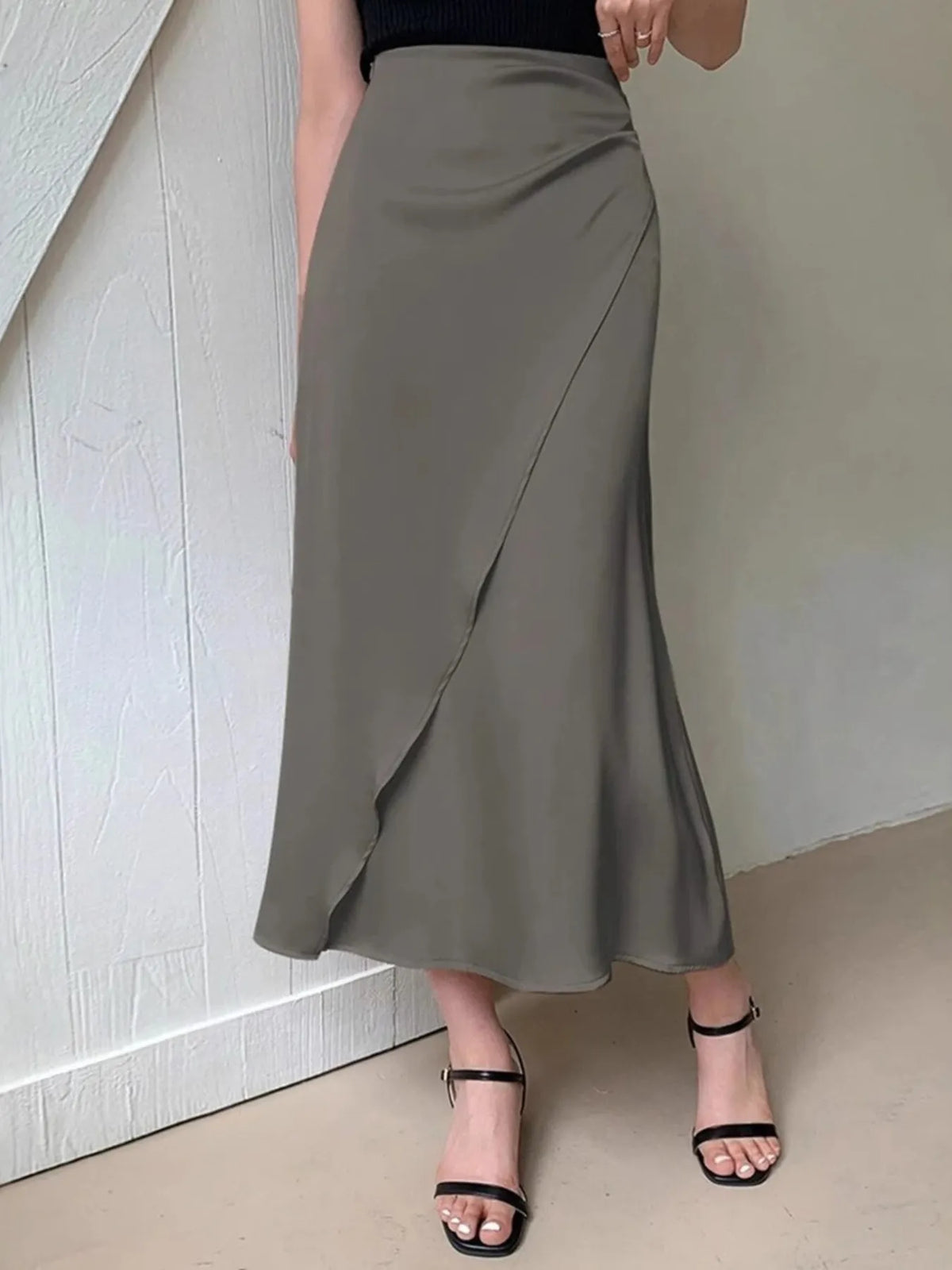 Asymmetric Wrap Midi Skirt with Fluted Hem