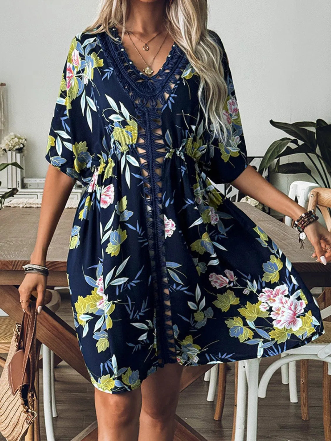 Crochet Front V-Neck Printed Cover-Up
