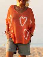 Heart V-Neck Dropped Shoulder Sweater