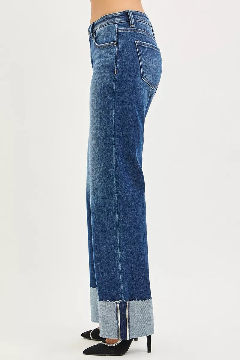 RISEN Mid Rise Wide Straight Jeans With Wide Cuff