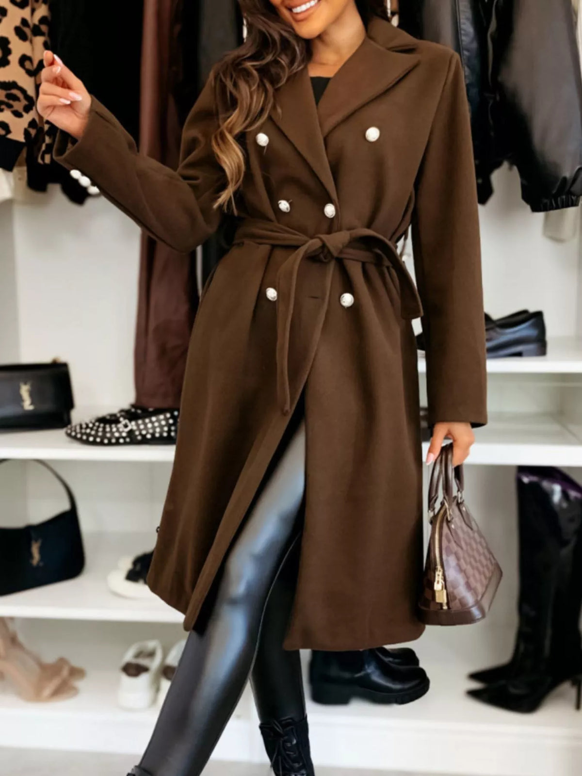 Double-Breasted Tie Waist Overcoat