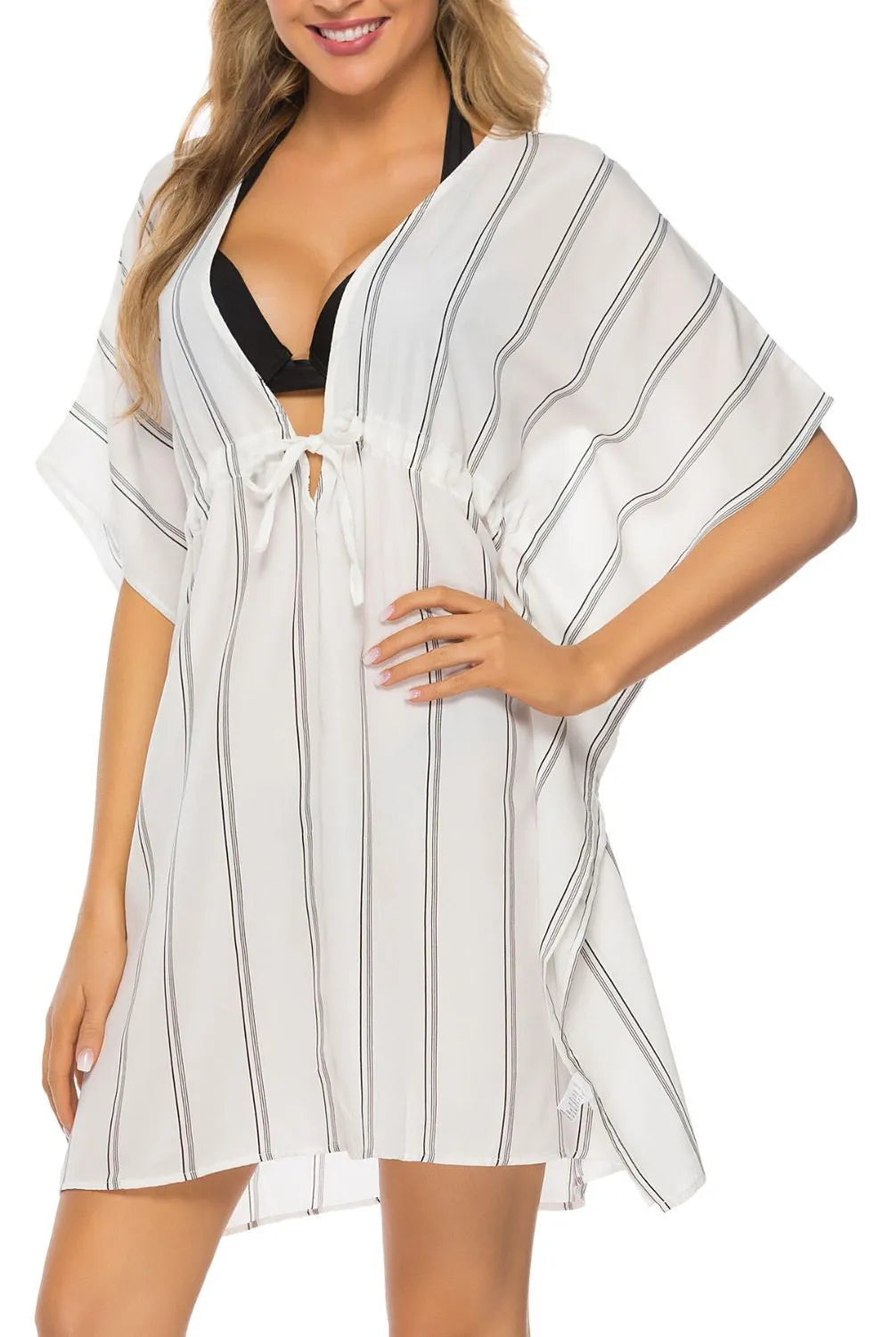 Drawstring Striped V-Neck Cover-Up