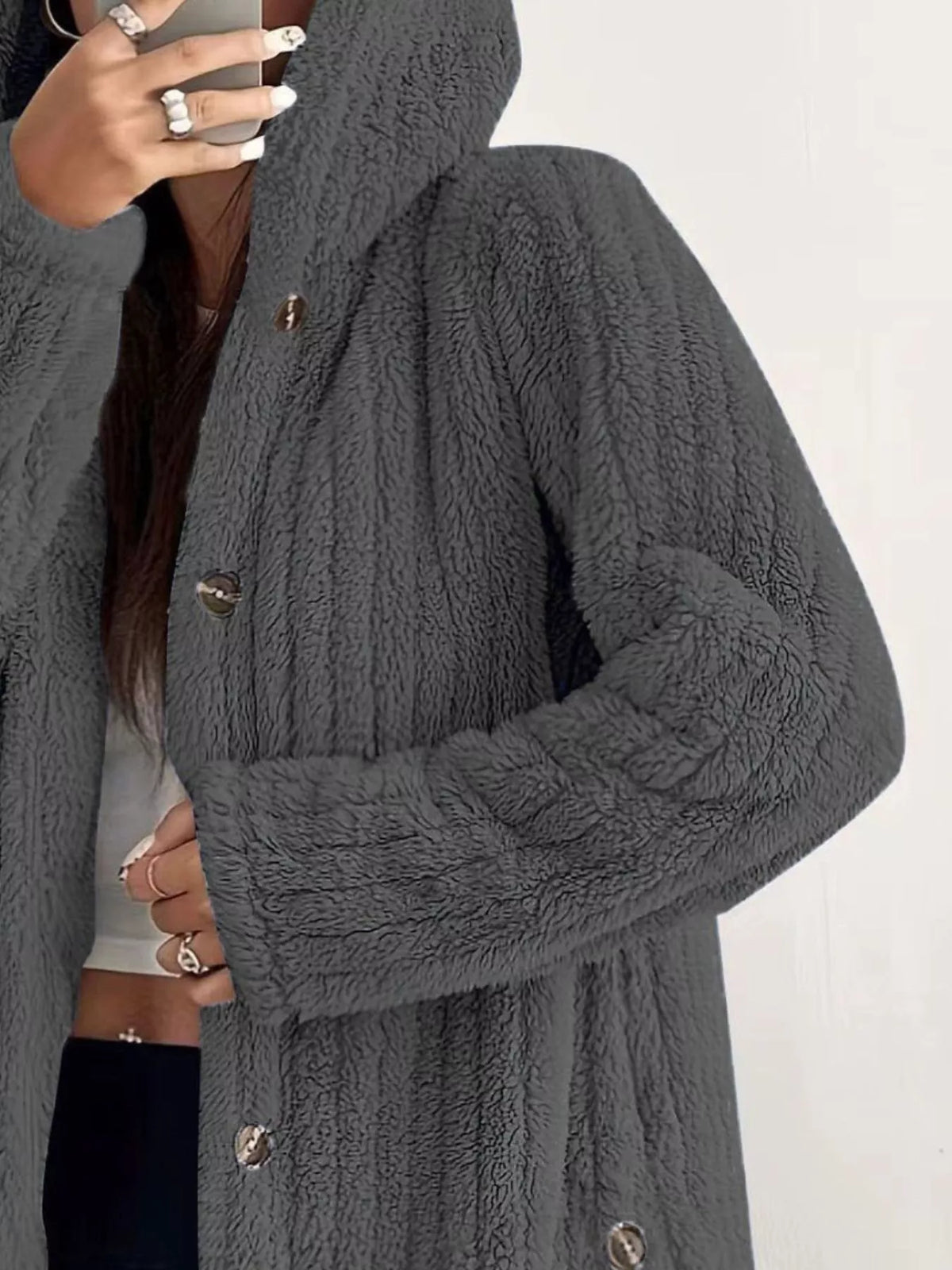 Full Size Fleece Button Up Hooded Outerwear Plus Size
