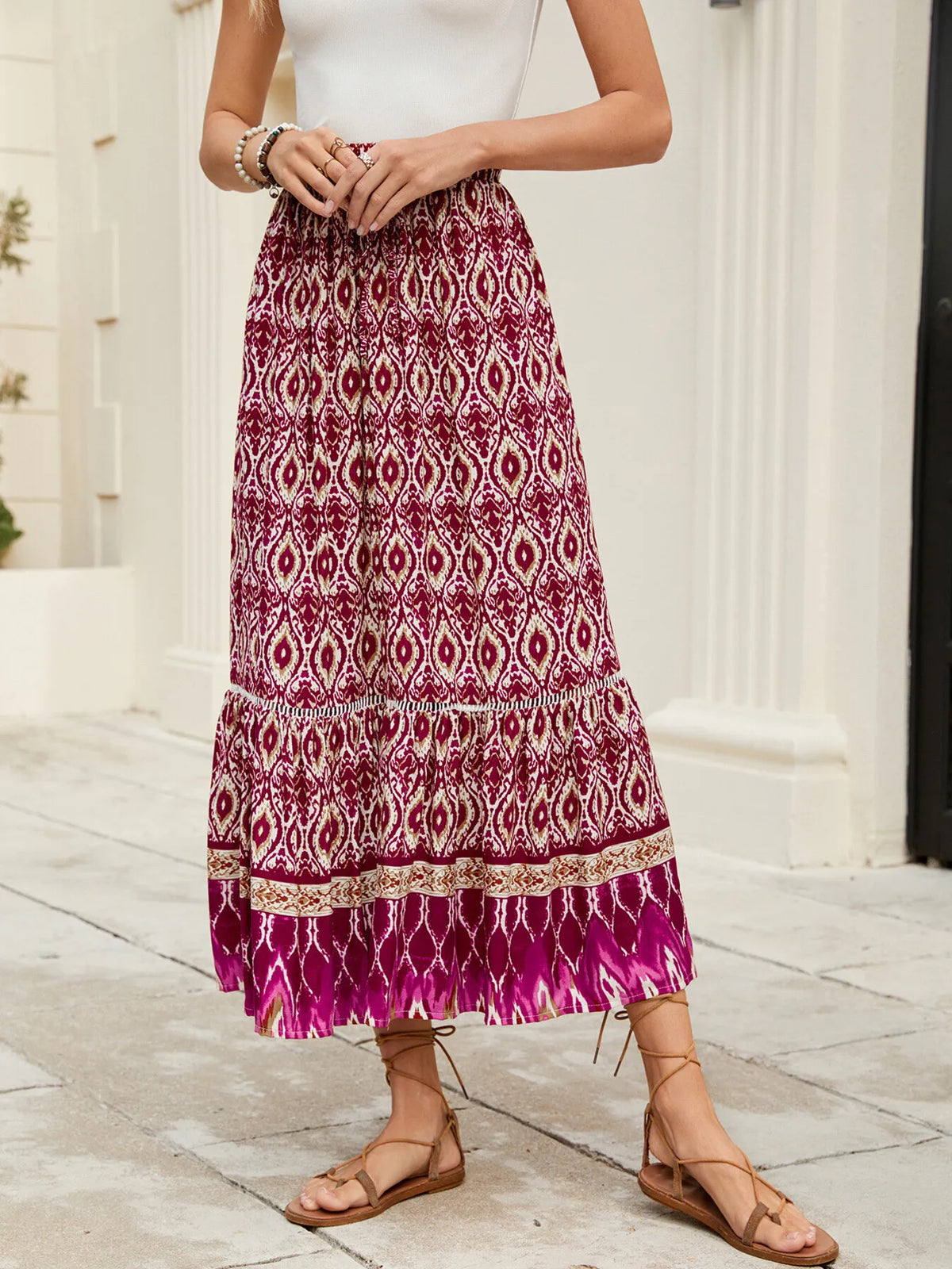 Bohemian Printed Ruched Maxi Skirt