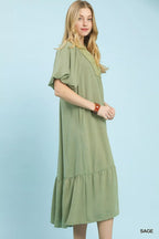 Umgee Puff Sleeve Midi Dress with Lace Detail
