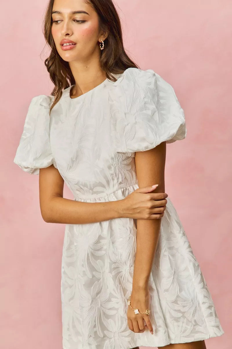 SO ME Floral Jacquard Bubble Shorts Sleeves Mini Dress