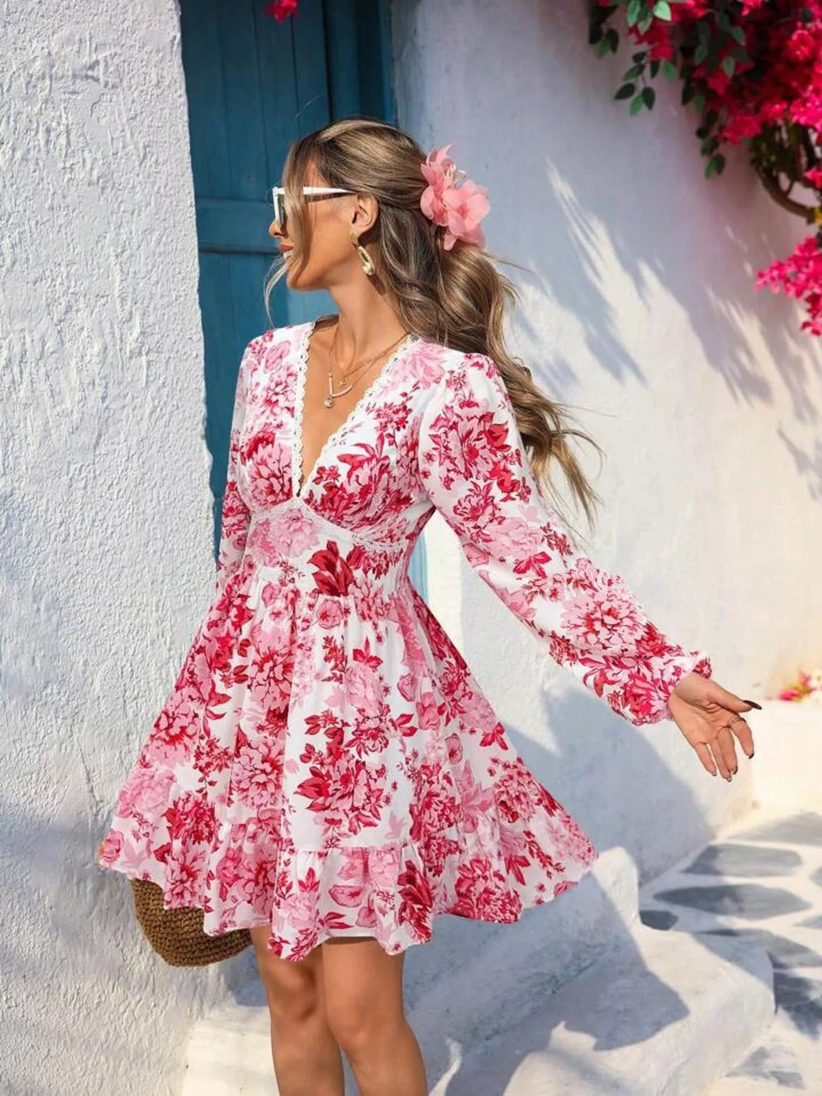 Full Size Floral Print V-Neck Long Sleeve Ruffle Hem Mini Dress Plus Size