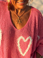 Heart V-Neck Dropped Shoulder Sweater