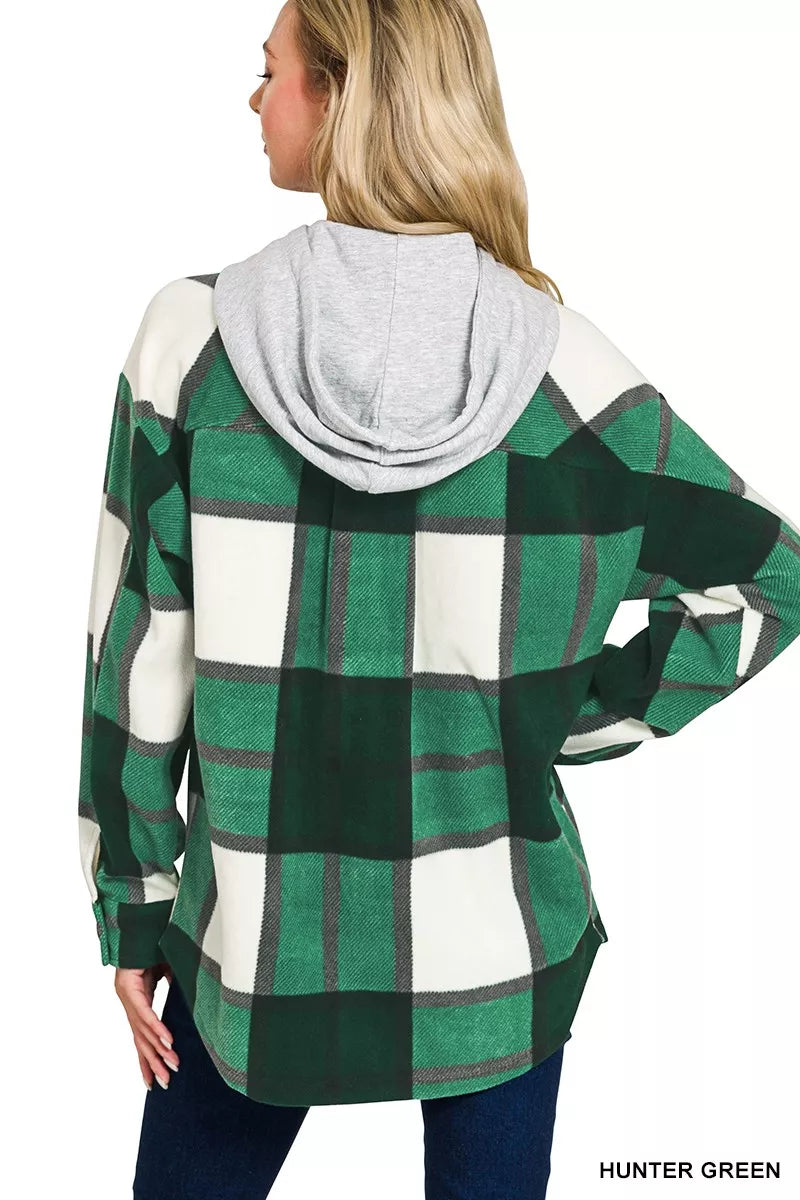Zenana Plaid Drawstring Hooded Fleece Shacket