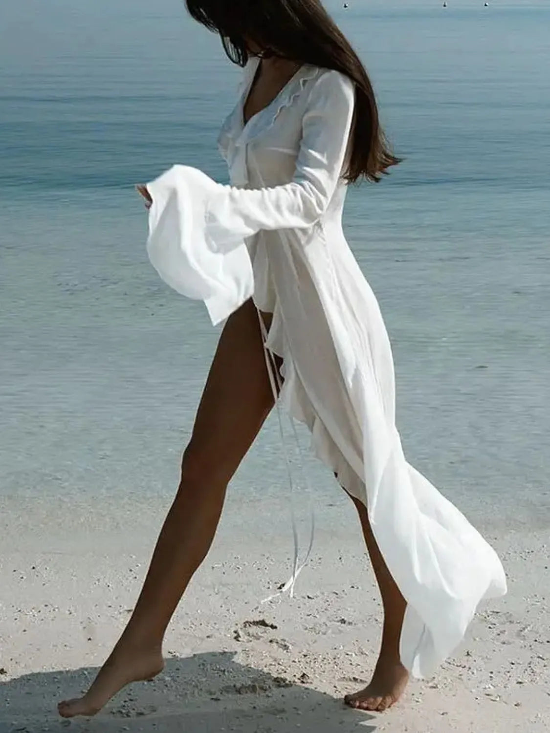 Ruffled Long Sleeve Cover-Up Dress