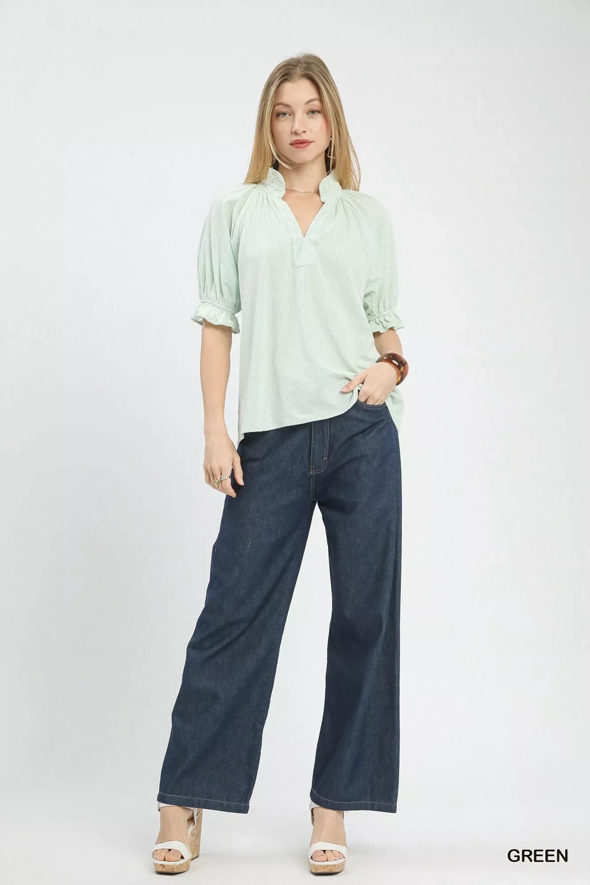 Umgee Textured Ruffle Sleeve V-Neck Top