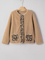 Casual Leopard Print Accent Plush Jacket with Pockets