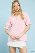 Umgee Textured Ruffle Sleeve V-Neck Top