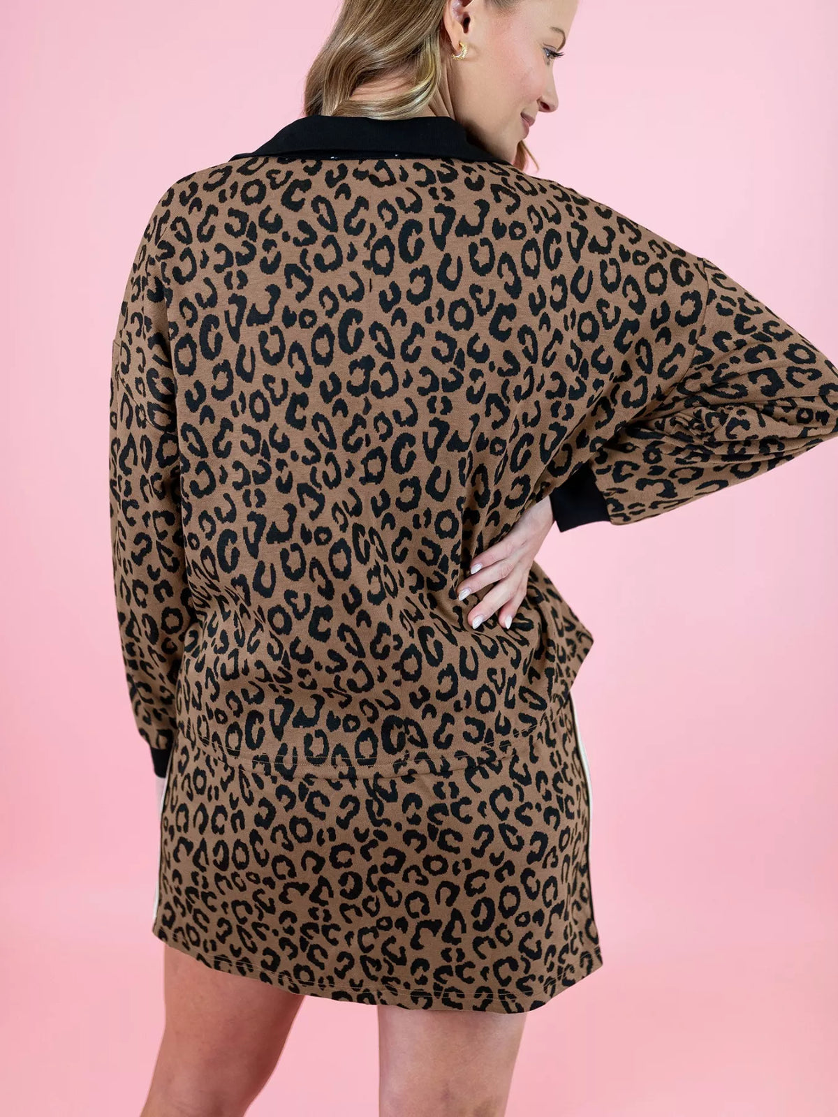 Leopard Print Half Zip Pullover & Drawstring Skirt Set