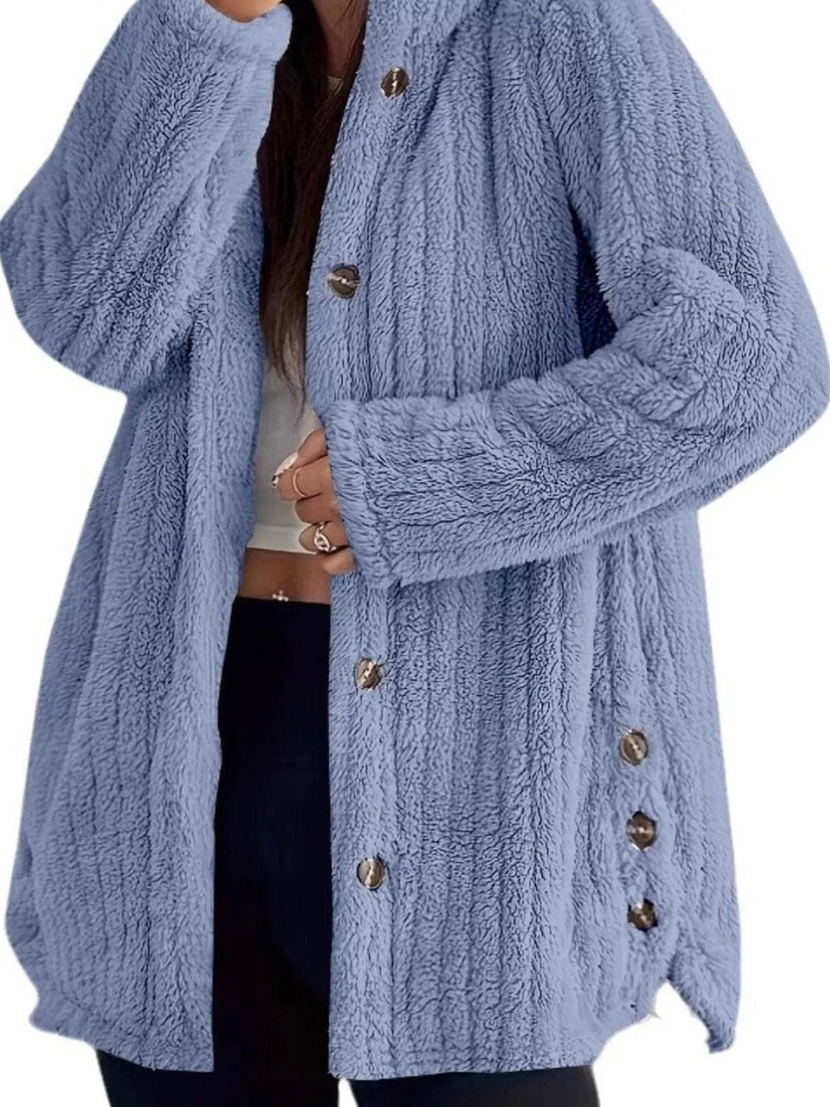 Full Size Fleece Button Up Hooded Outerwear Plus Size