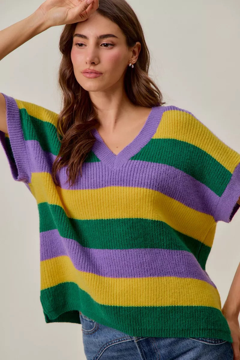 SO ME Mardi Gras Loose Fit V Neck Stripe Sweater Top