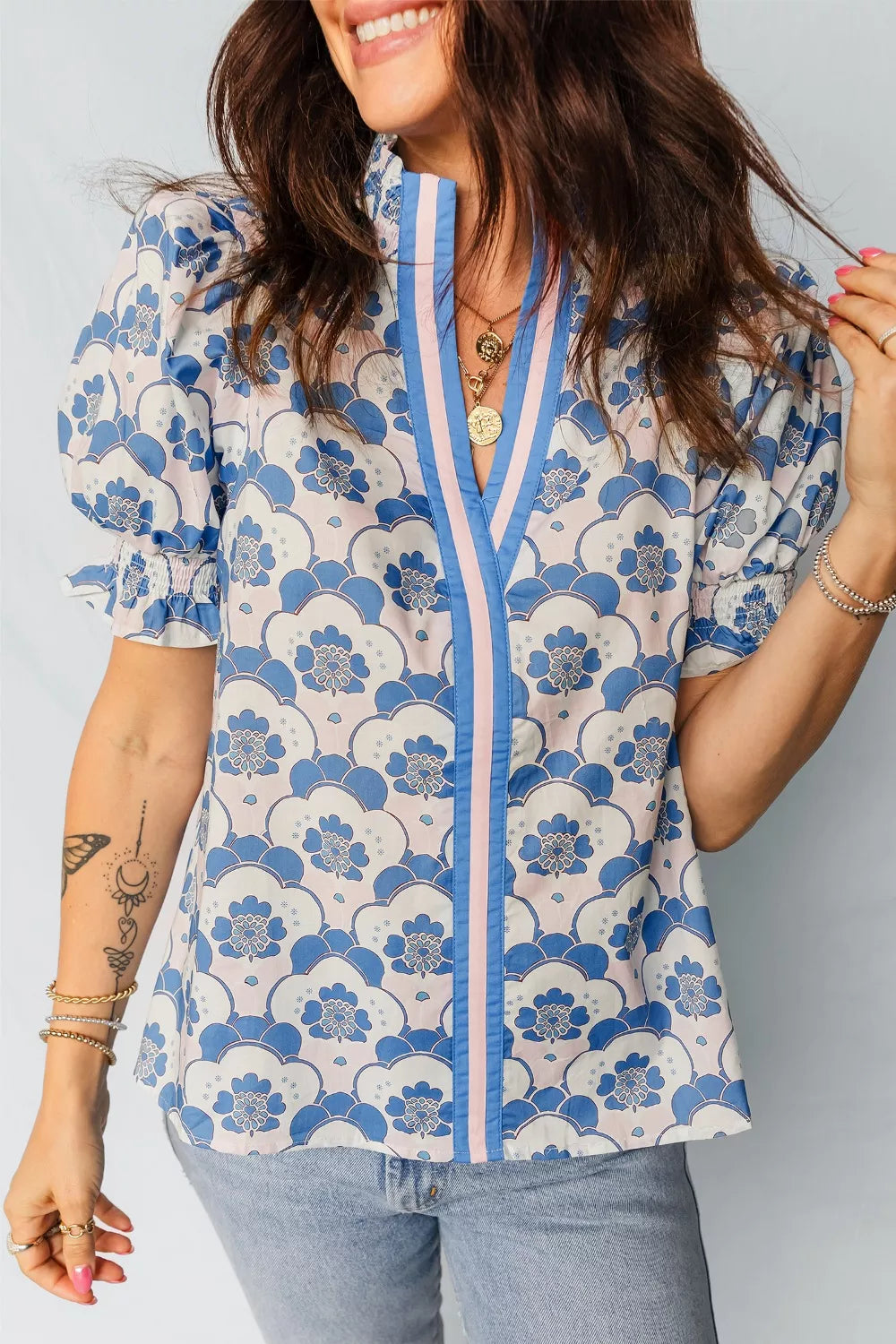 Floral Print Flounced Short Sleeve Contrast Trim V Neck Blouse