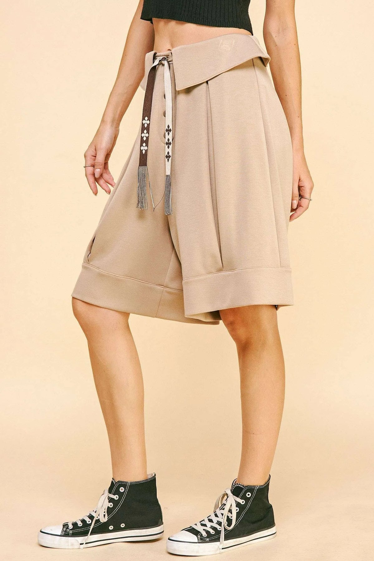 Davi & Dani Fold Over Waist Band Strap Detail Short