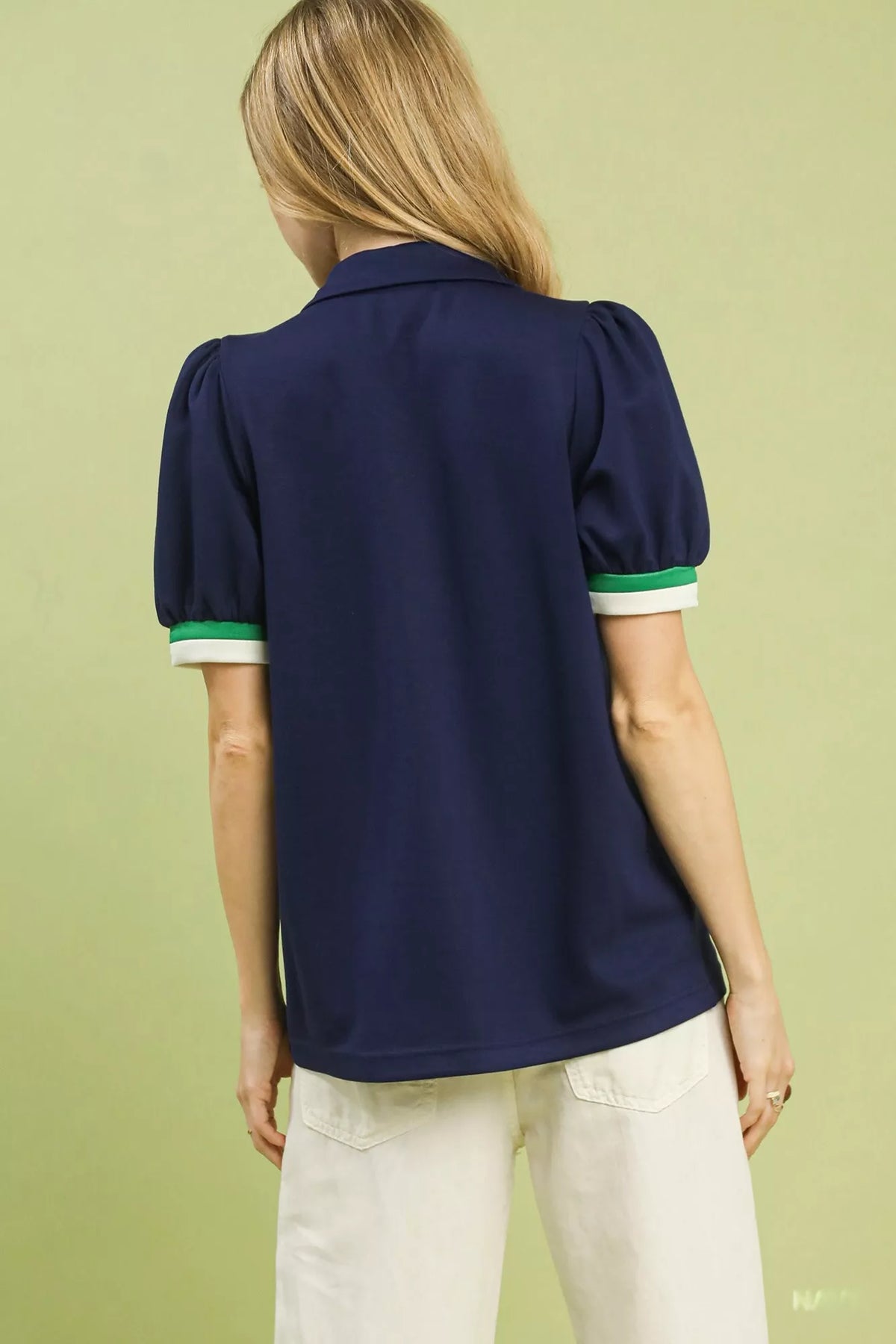 Umgee Puff Sleeve Zip Front Top with Contrast Striped Trim