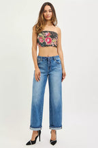RISEN Elastic Band Slouch Ankle Boyfriend Cuffed Hem Jeans