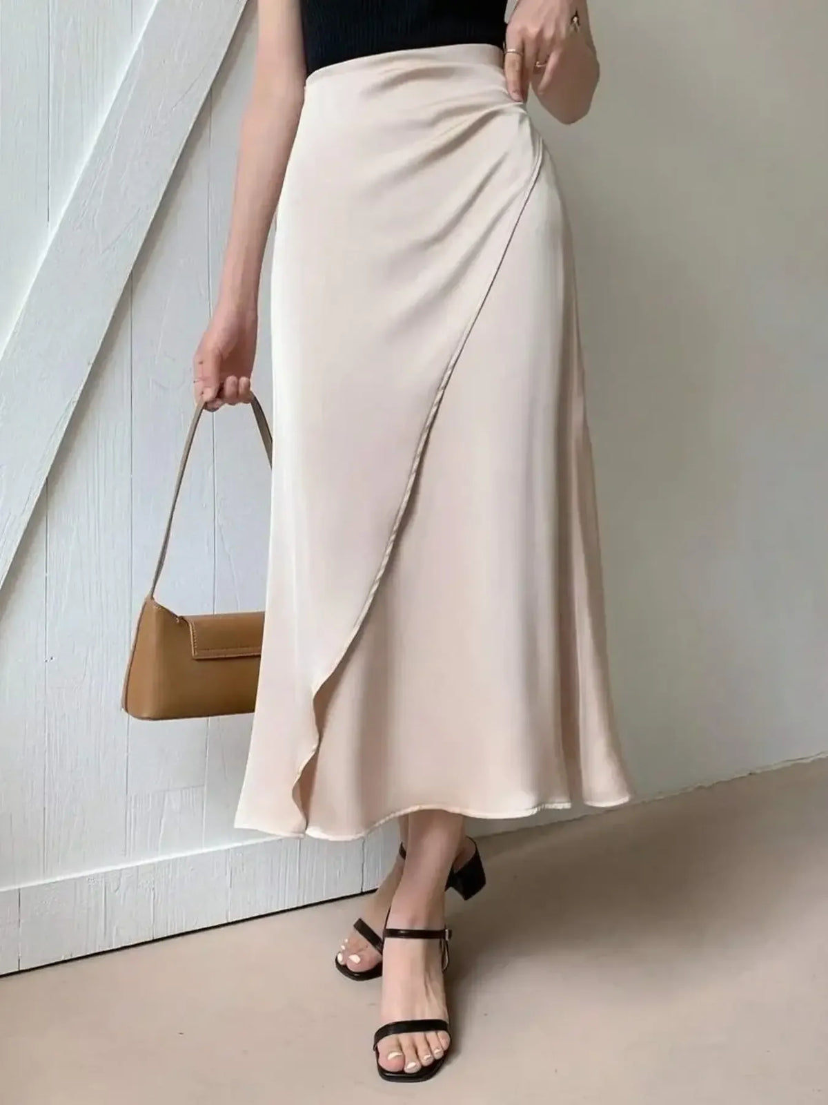 Asymmetric Wrap Midi Skirt with Fluted Hem