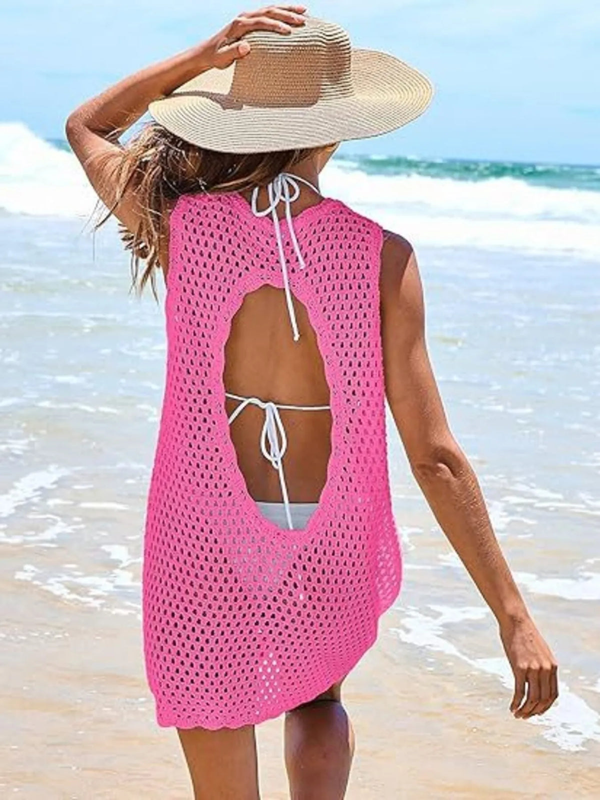 Color Block Openwork Sleeveless Cutout Back Cover-Up