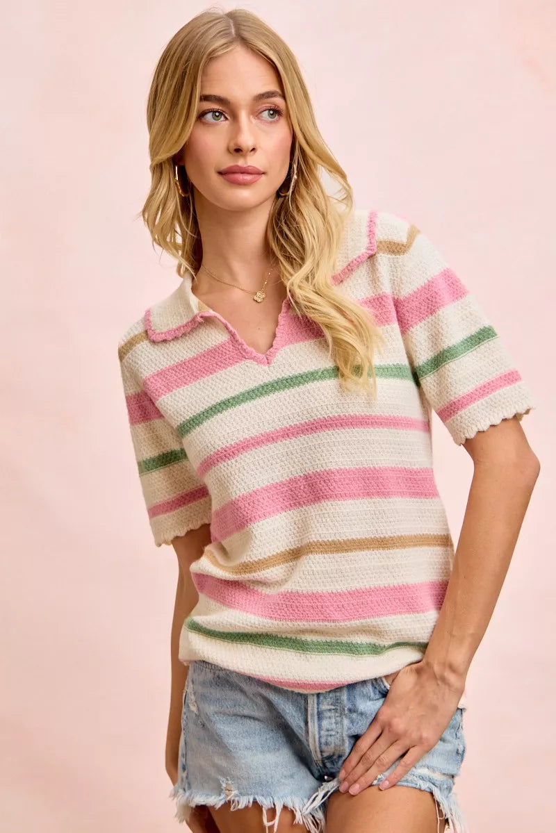 BiBi Multi Colors Stripes Collared Knit Top