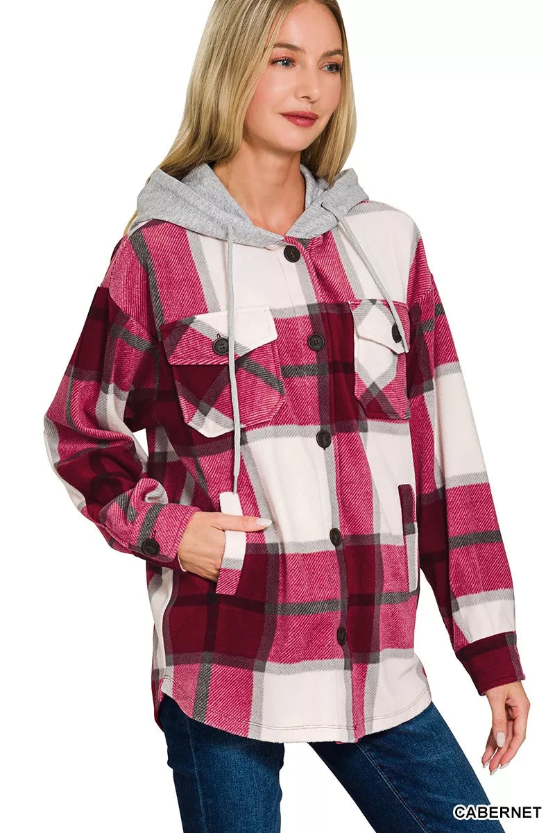 Zenana Plaid Drawstring Hooded Fleece Shacket