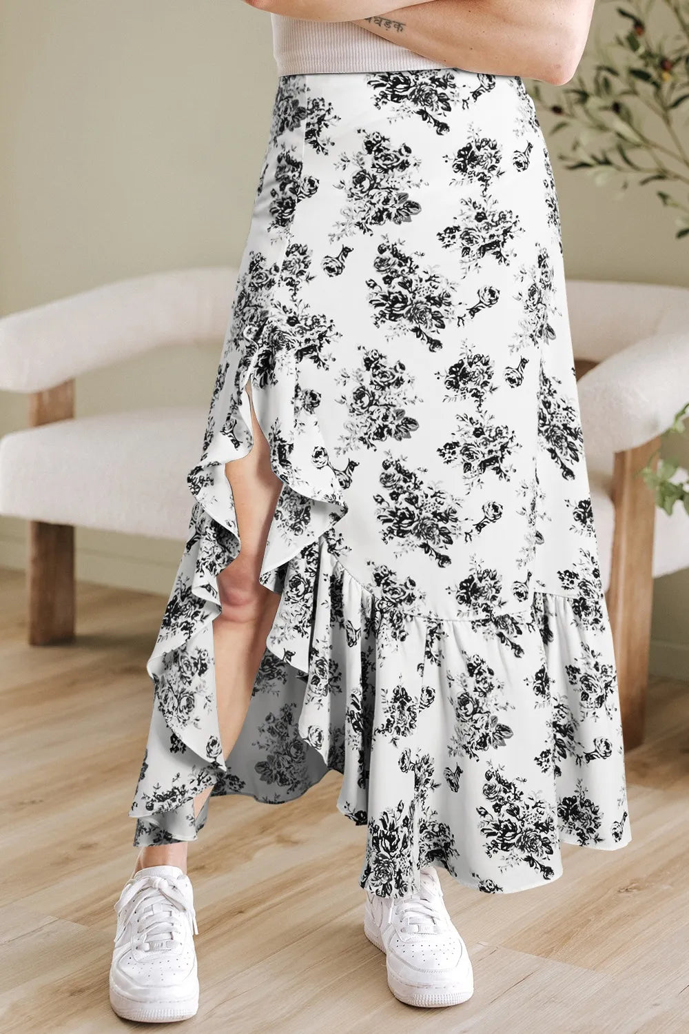 Boho Floral High Waist Ruffle Split Maxi Skirt