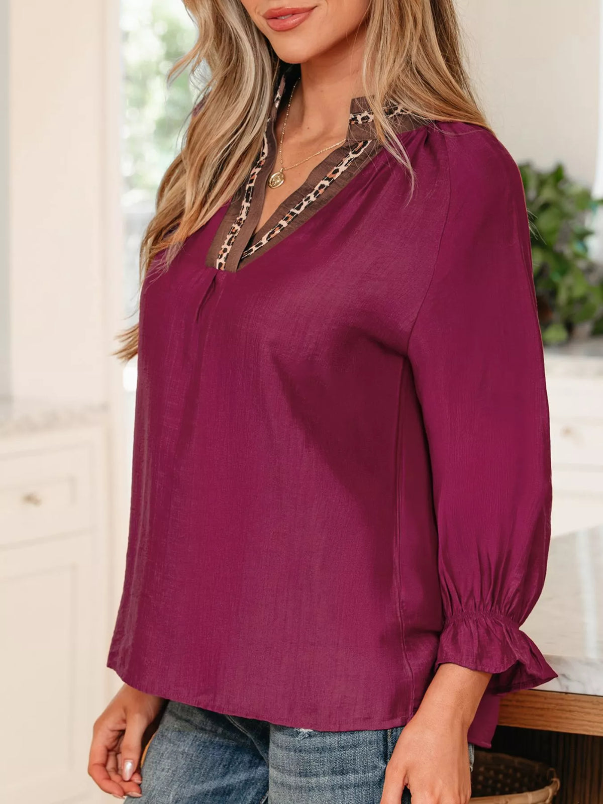Leopard Trim V Neck Flounced Bracelet Sleeve Blouse