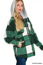 Zenana Plaid Drawstring Hooded Fleece Shacket