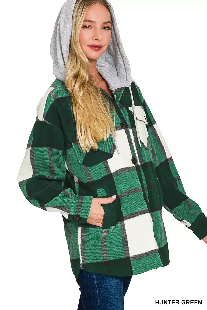 Zenana Plaid Drawstring Hooded Fleece Shacket