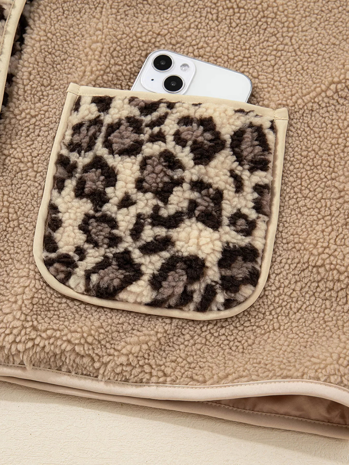 Casual Leopard Print Accent Plush Jacket with Pockets