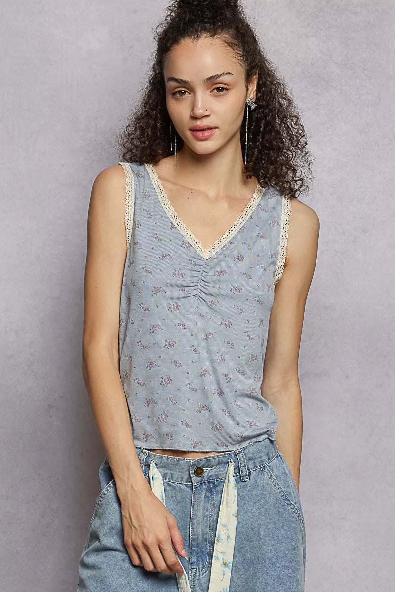 POL Ruched Floral V-Neck Tank with Lace Detail
