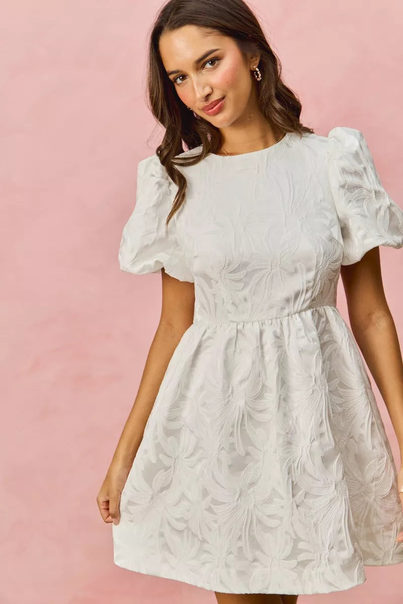 SO ME Floral Jacquard Bubble Shorts Sleeves Mini Dress