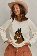 SO ME Horse Knit Sweater Top with Blanket Stitch
