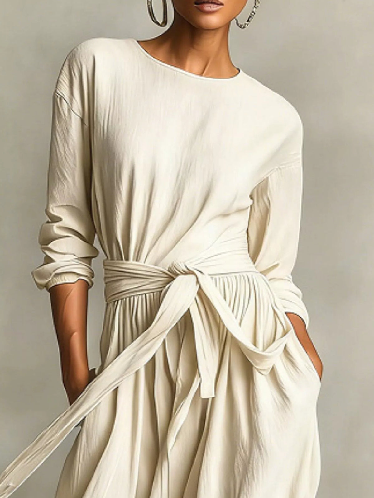 Full Size Long Sleeve Tie Waist Maxi Dress Plus Size