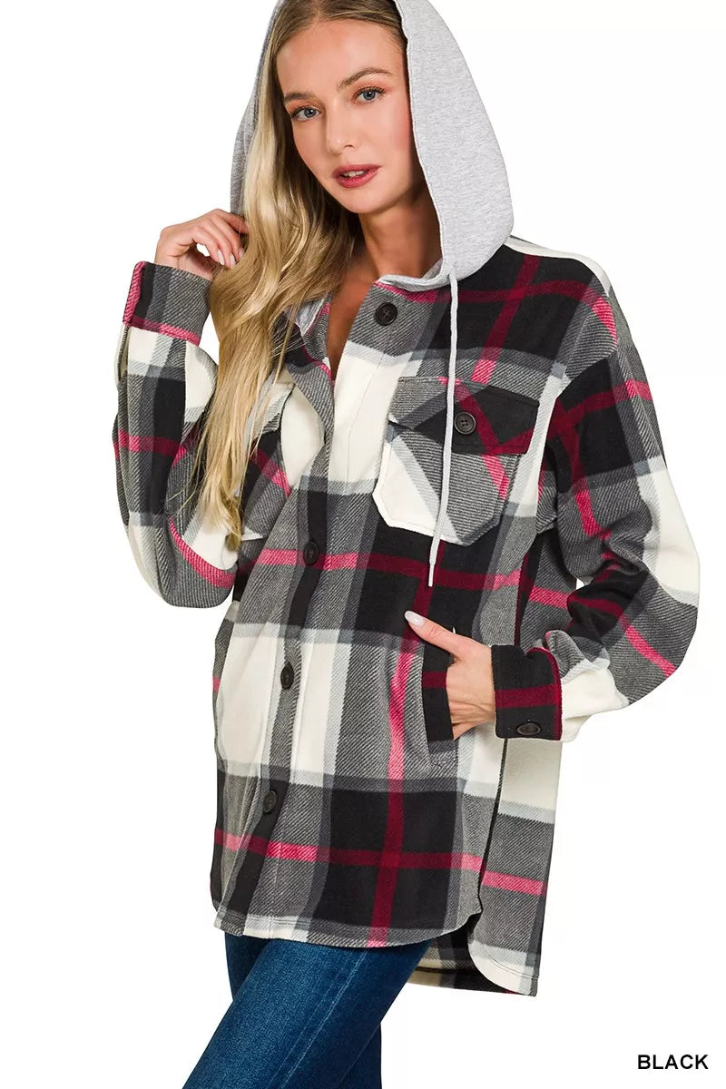 Zenana Plaid Drawstring Hooded Fleece Shacket