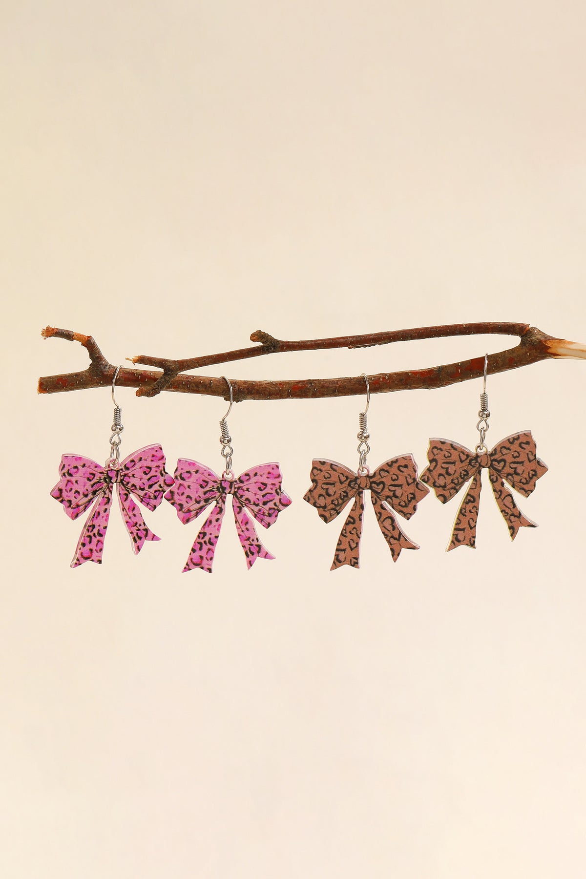 Cinnamon Stylish Leopard Printed Bow Stainless Hook Earrings