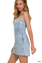 Zenana Spaghetti Strap Exposed Seam Light-Wash Dress