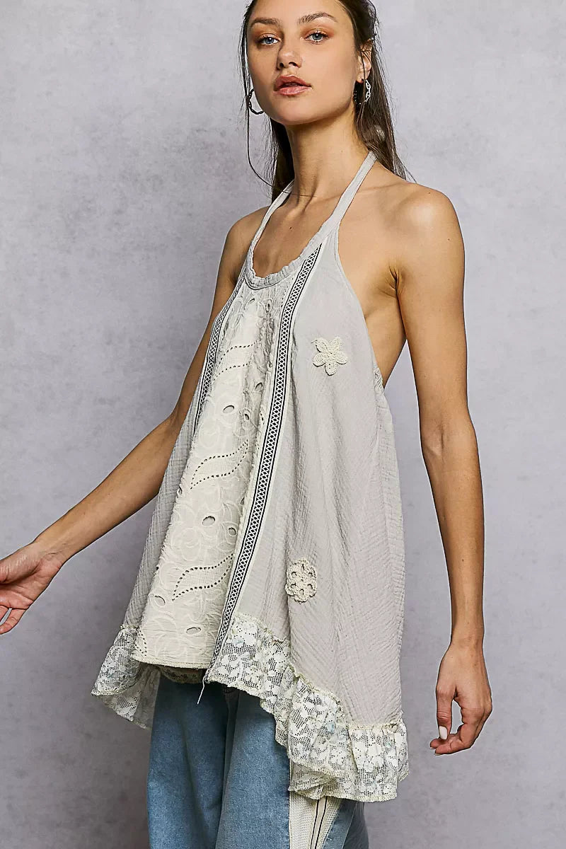 POL Lace Ruffle Halter Neck Double Gauze Top with Crochet Patch