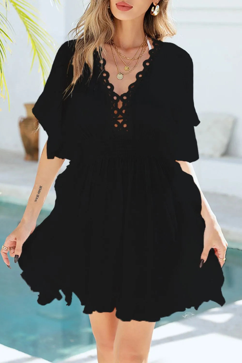 Ruffled Smocked Waist V-Neck Cover-Up