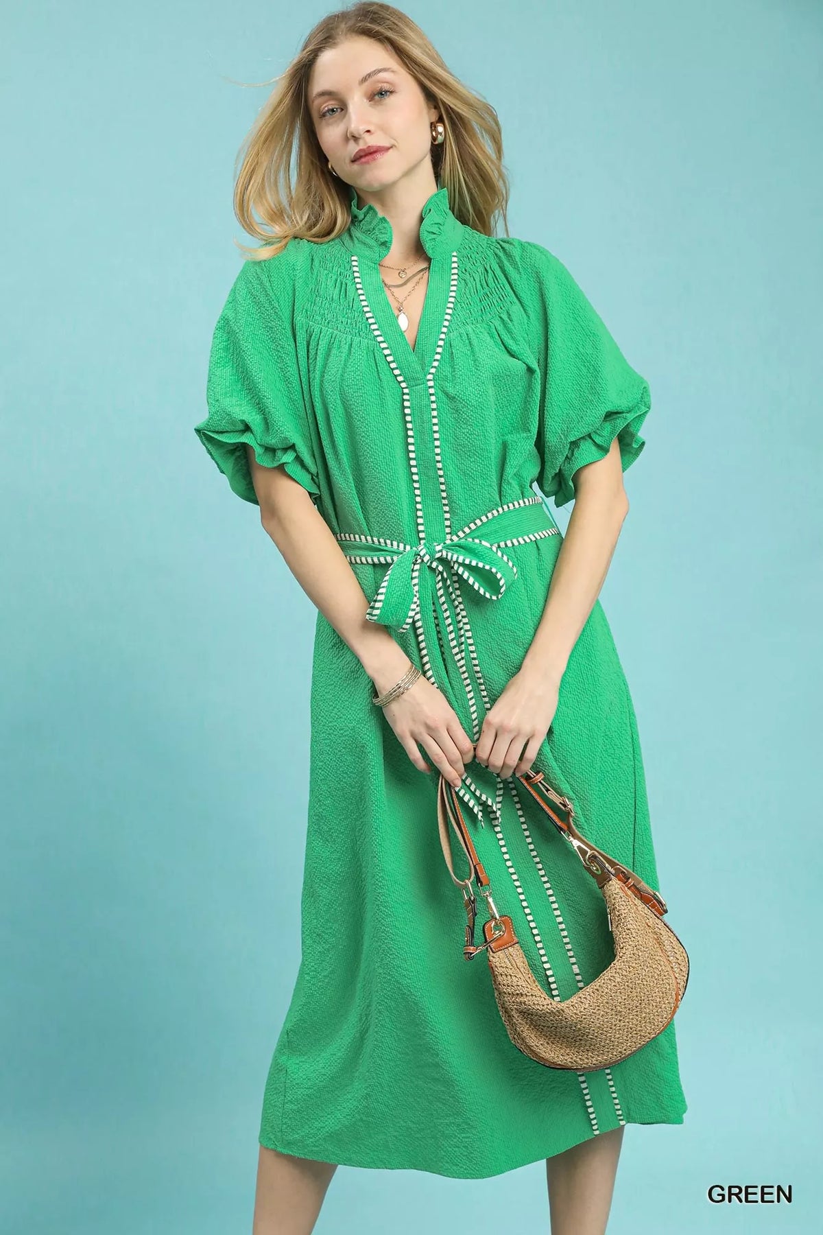 Umgee Ruffle Collar Midi Dress with Stripe Trim