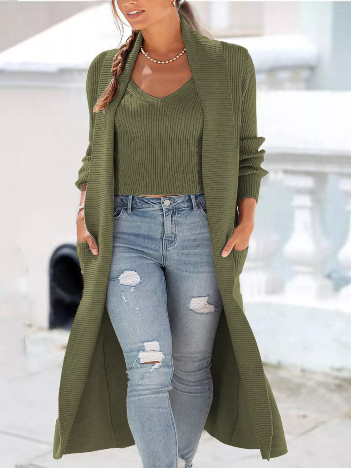 Full Size Ribbed Knit Tank and Cardigan Sweater Set Plus Size