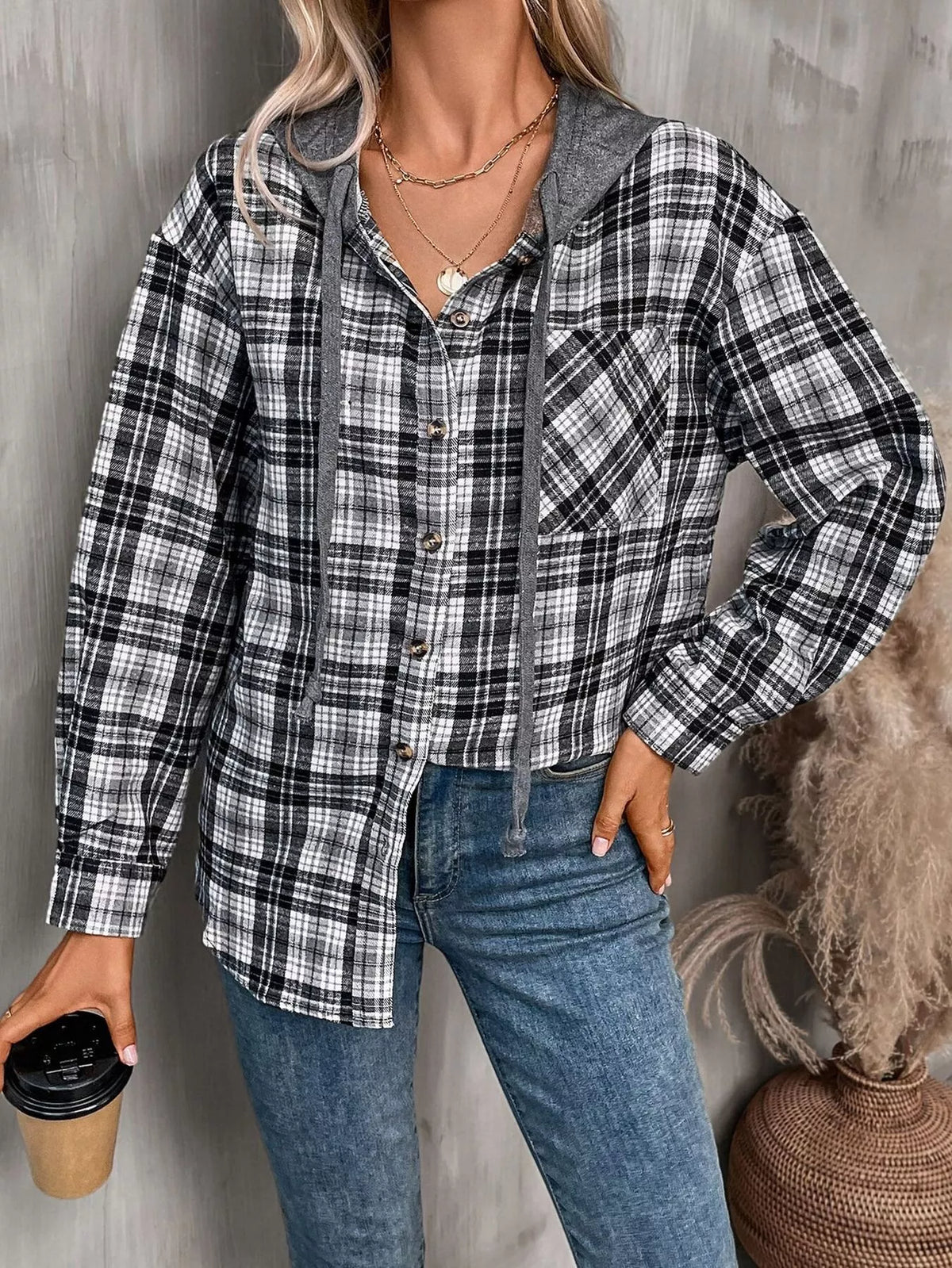 Hooded Plaid Button-Up Shirt