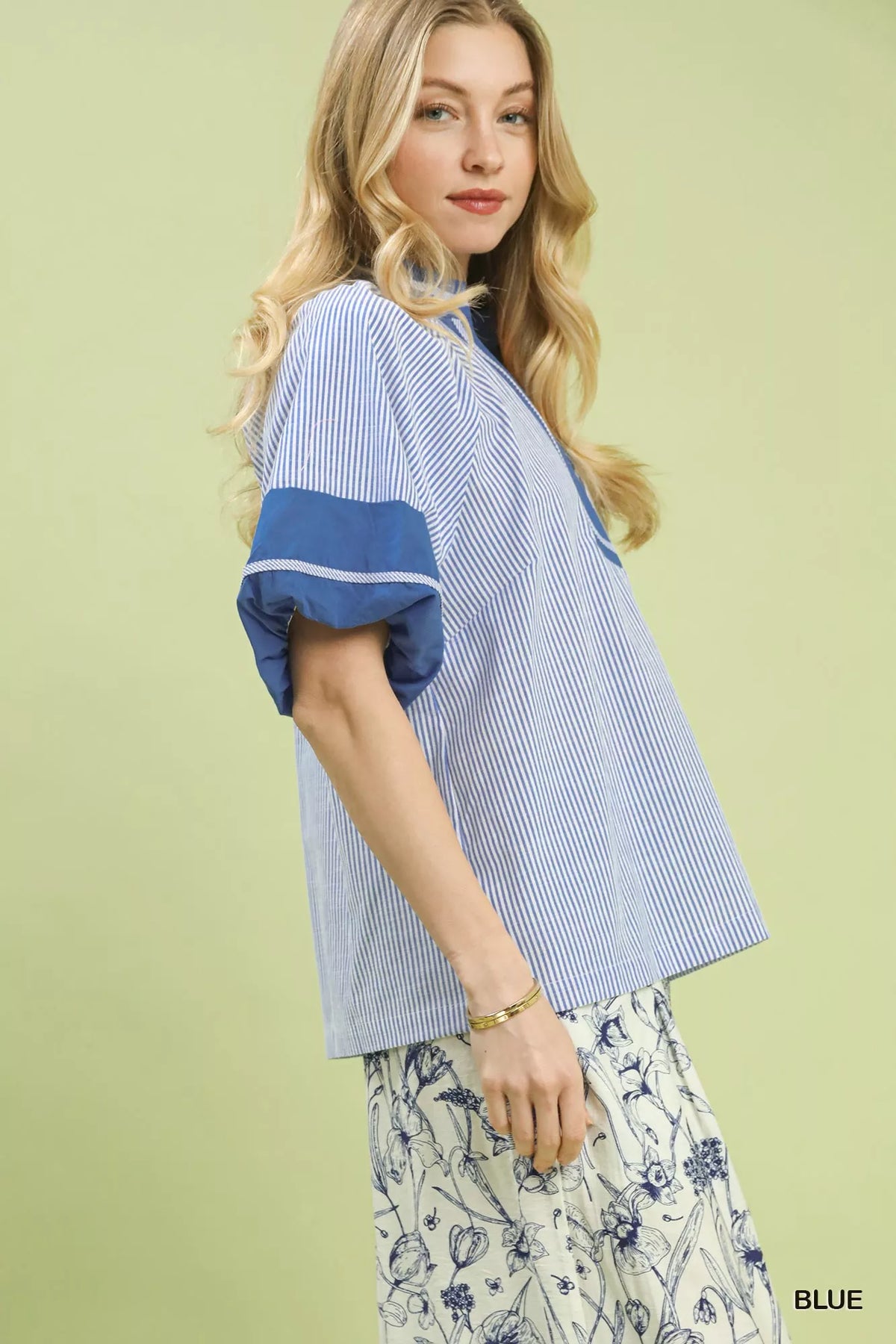 Umgee Striped Mixed Puff Sleeve Blouse